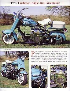 1958 cushman eagle motorcycle and pacemaker scooter article - must see !!