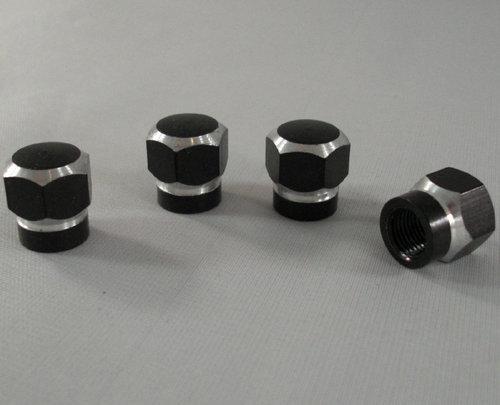 4 black billet aluminum "hex acorn" valve stem caps for car truck suv atv rims