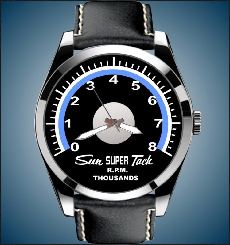 Sun super blue line 8000 rpm tachometer auto art chrome with leather band watch