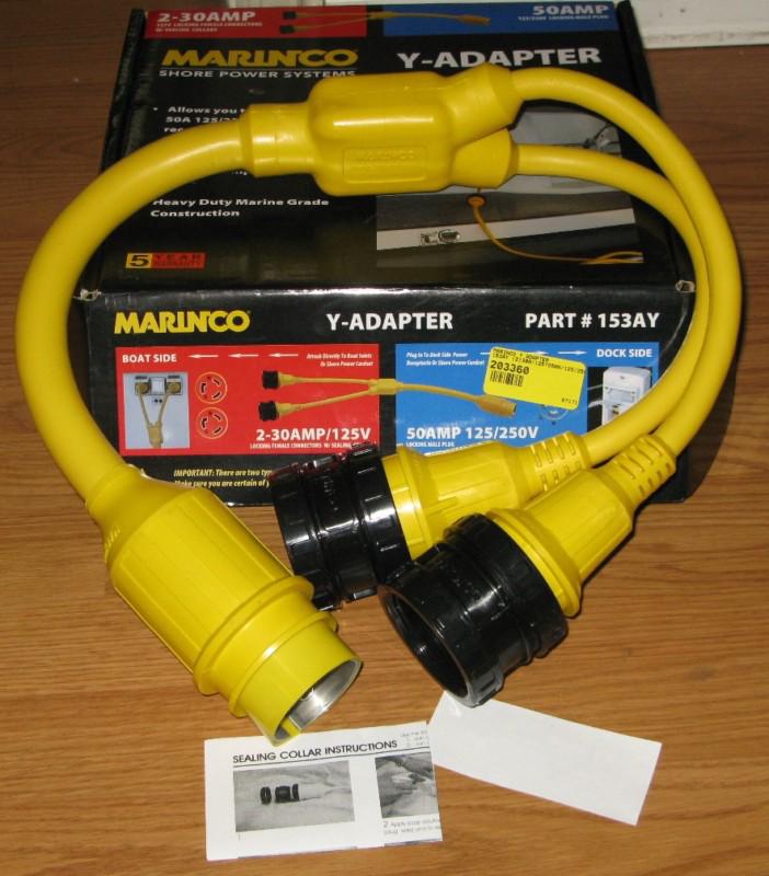 Marinco y-adapter 2-30a 125v locking to 50a 125/250v locking 153ay new in box