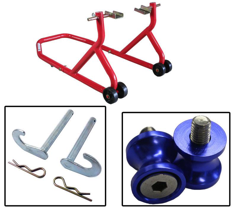 Biketek series 3 red rear stand with blue bobbin spools 10mm yamaha yzf750 all