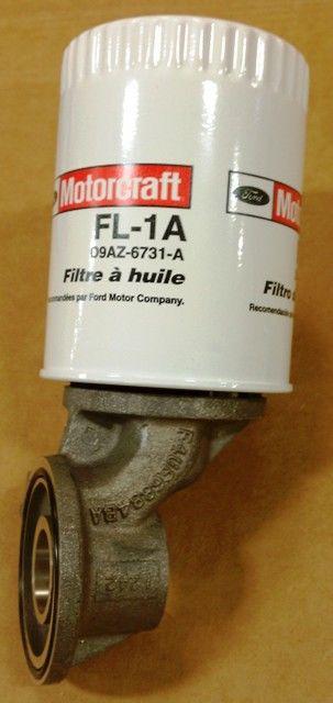 Ford racing aluminum 90 degree oil filter adapter with motorcraft fl-1a