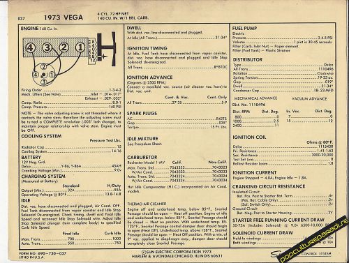 1973 chevrolet vega 4 cylinder 72 hp / 140 ci car sun electronic spec sheet