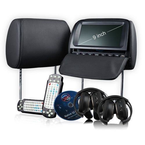 9&#034; black leather hd lcd car pillow headrest dvd player ir fm 2 headsets