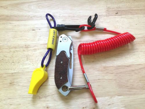 Safety whistle w floating lanyard red and folding knife