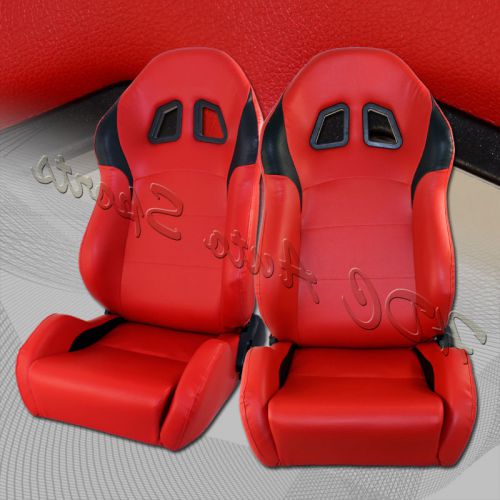 2 x red / black sports pvc leather reclining racing seats + sliders universal 3