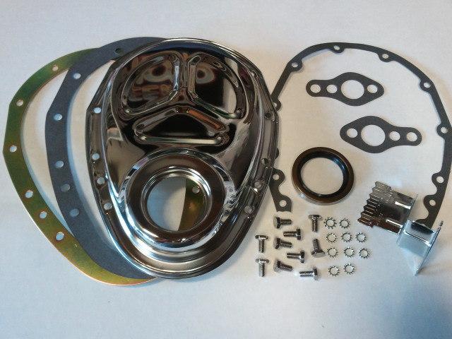 Sb chevy 2 piece chrome steel timing cover w/ timing tab bolts & gaskets 327 350