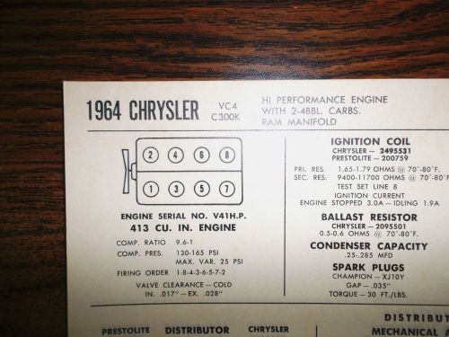 1964 chrysler eight vc4 c300k hipo 413 v8 w/2x4bbl &amp; ram manifold tune up chart