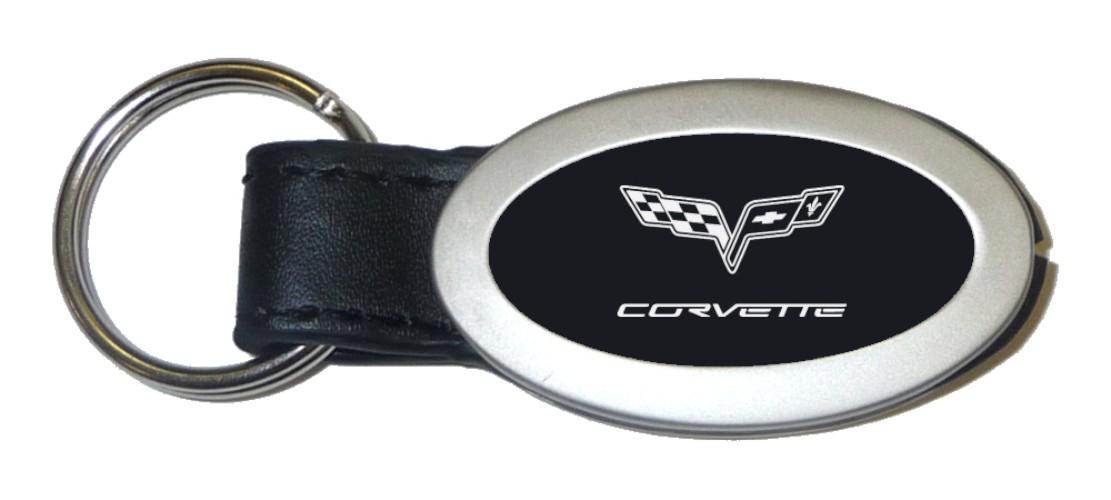 Gm corvette c6 black oval leather keychain / key fob engraved in usa genuine