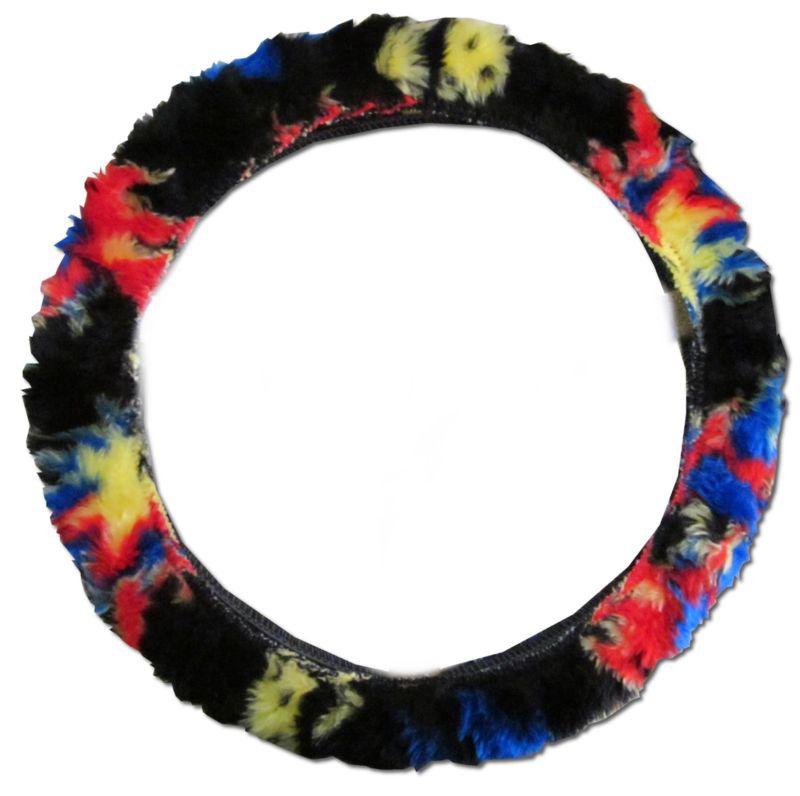 Black car truck suv universal steering wheel cover furry w/ red yellow blue #1