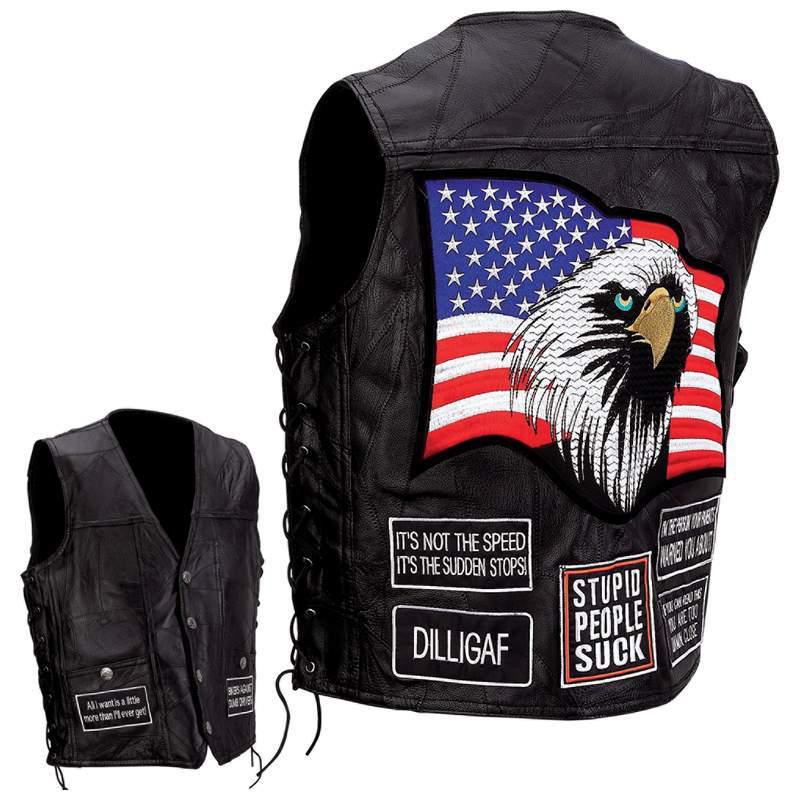 Mens black leather motorcycle concealed carry gun vest w/patches m,l,xl,2x,3x