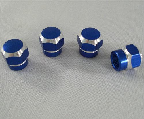 4 blue billet aluminum "hex acorn" valve stem caps for car truck suv atv rims