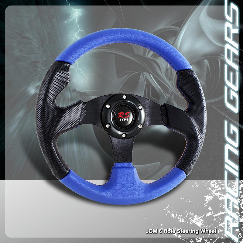 Universal jdm 6 hole bolt lug 320mm pvc leather black and blue steering wheel
