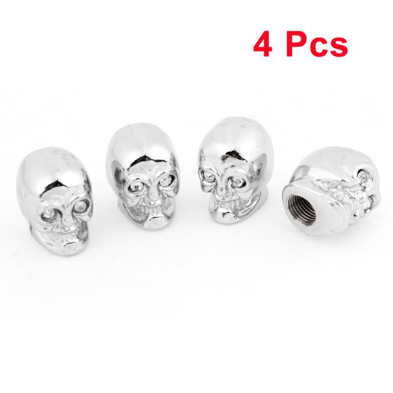Car metal skull head shaped tire valve stem cap cover silver tone clear x 4