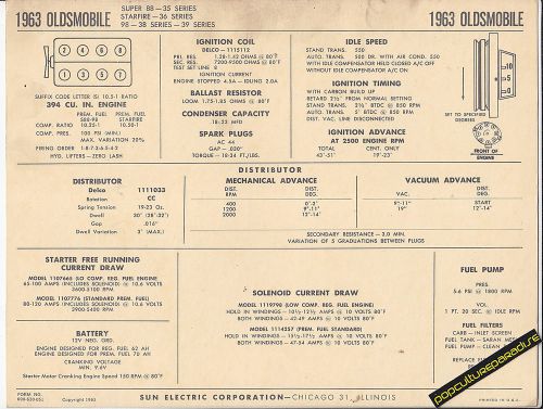 1963 oldsmobile super 88/starfire/98 394 ci v8 car sun electronic spec sheet