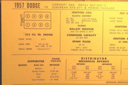 1957 dodge eight series coronet royal suburban models 325 ci v8 tune up chart