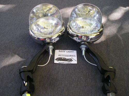 New pair chrome 6-volt clear color vintage style small fog lights with visors !