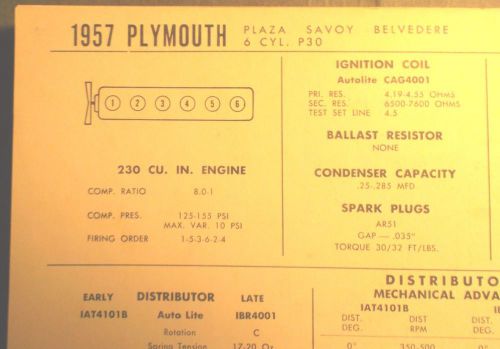1957 plymouth six series plaza, savoy &amp; belvedere models 230 ci l6 tune up chart