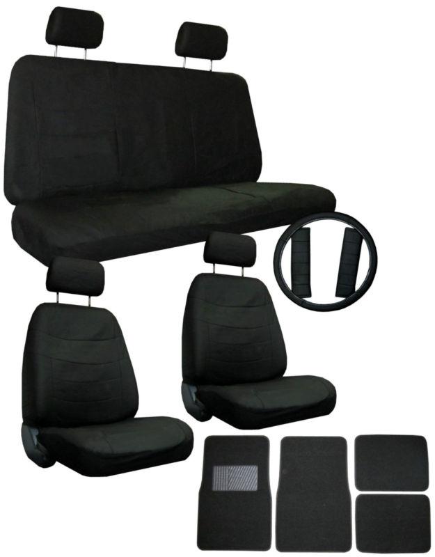 Solid black superior synthetic leather seat covers w/ black floor mats & more #4