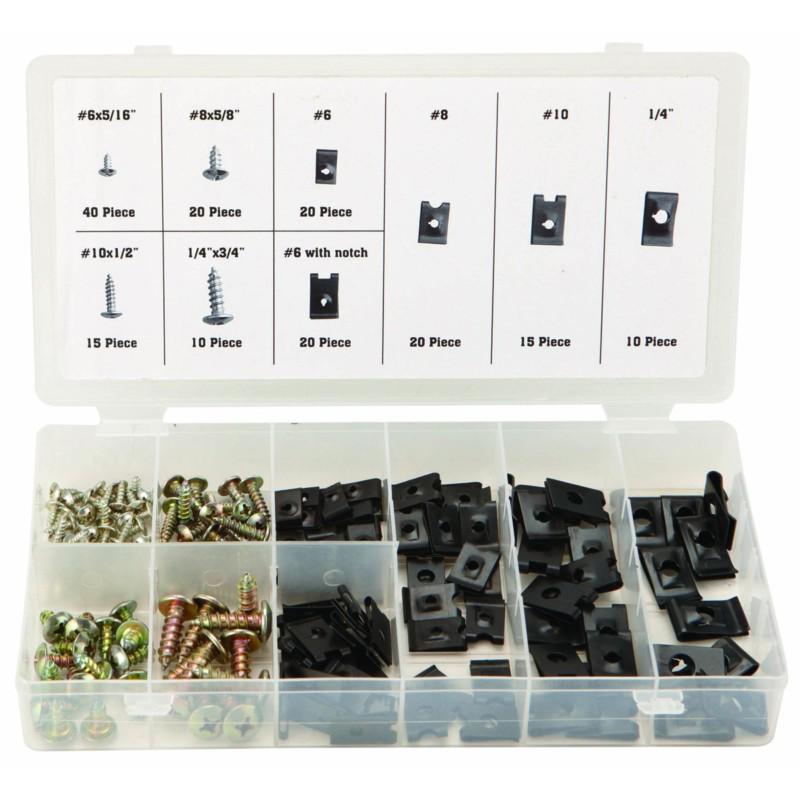 U-clip and screw assortment with storage container and size chart 170 pieces