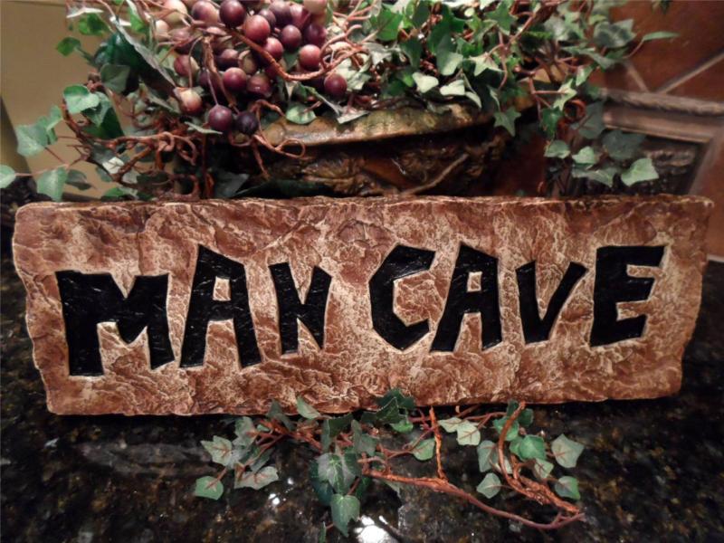 Carved stone look flintstone caveman style "man cave" wall plaque or shelf sign