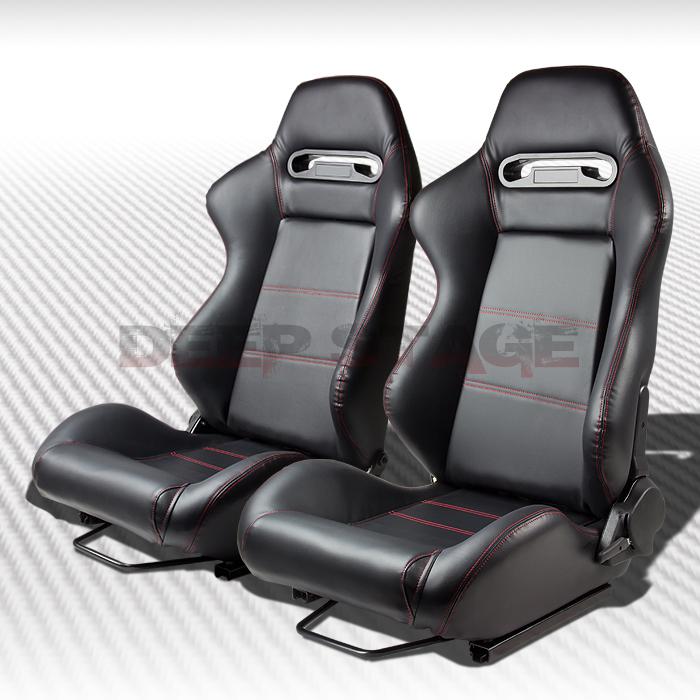 Black pvc leather red stitch fully reclinable type-r racing seats pair+sliders