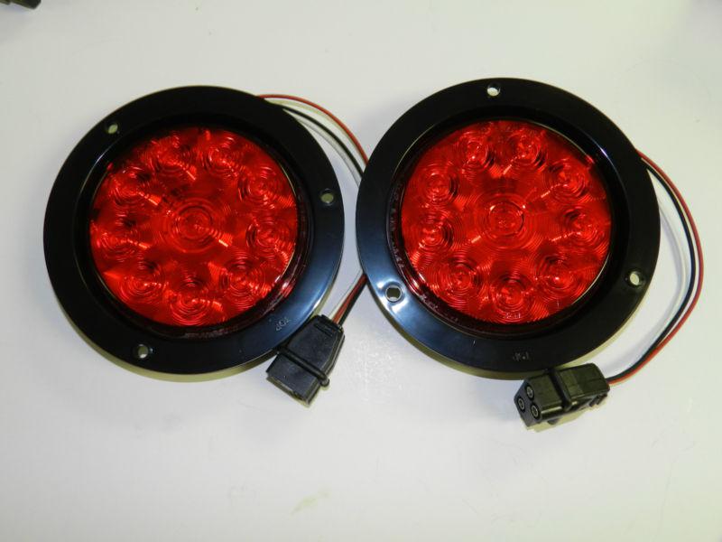 (2) 4" round sealed 10 led red stop/turn/trail truck &trailer light flange mount