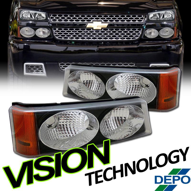 Chevy 03-07 silverado 02-06 avalanche black depo bumper/corner lights w/ amber