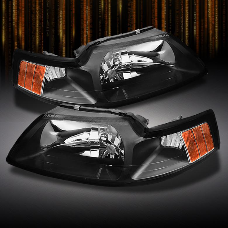 Black 99-04 ford mustang crystal headlights lights lamps left+ right pair new