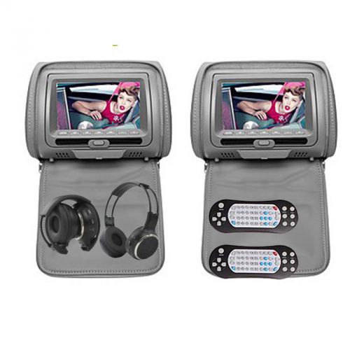 Gray 2x 7&#034; hd car headrest dvd sd player pillow monitor usb ir headsets games