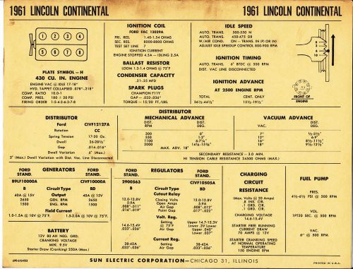 1961 lincoln continental 430 ci v8 engine car sun electronic spec sheet