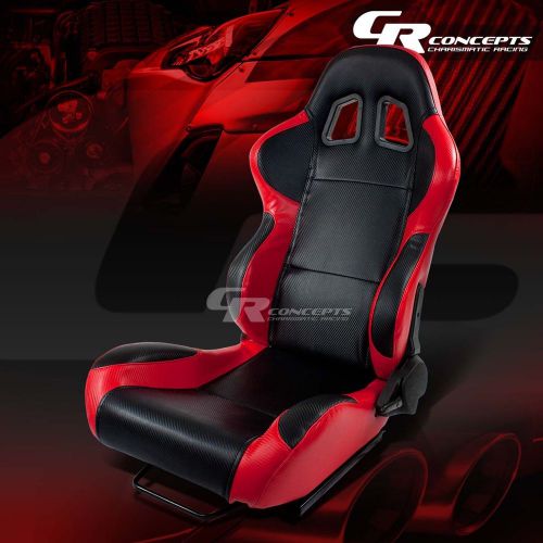 2 x red+carbon pvc leather sports racing seats+mounting slider driver left side