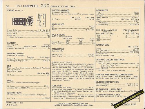 1971 chevrolet corvette v8 454 ci / 365 hp 4 bbl car sun electronic spec sheet