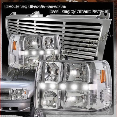 For 1999-2002 chevrolet silverado led drl conversion chrome headlight + grille