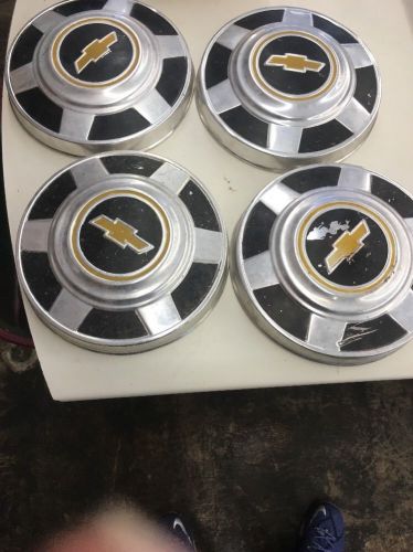 Vintage set of (4) chevrolet chevy truck yellow &amp; black bowtie dog dish hubcaps