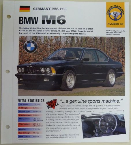 Bmw m6 imp collector brochure specs 1985-1989 group 2, no 43