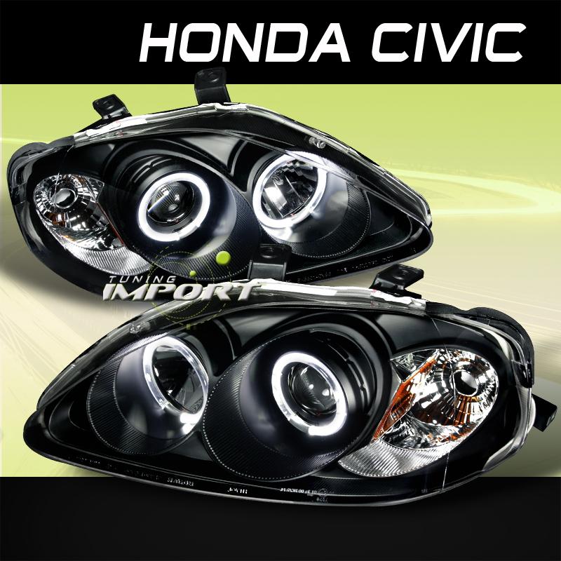 1999-2000 honda civic 2/3/4 dr black amber halo projector headlights pair lh+rh