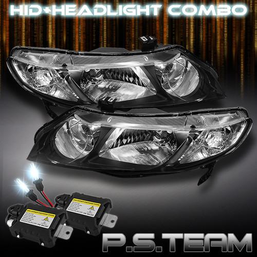 06-11 civic 4dr jdm black clear crystal headlights+6000k slim ballast hid kit