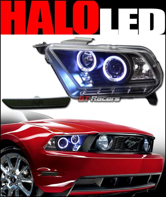 Black halo led projector head lights+front bumper signal smoke 2010-2012 mustang