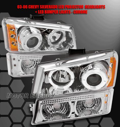 2003-2006 chevy silverado halo led projector head light+bumper lamp chrome/amber
