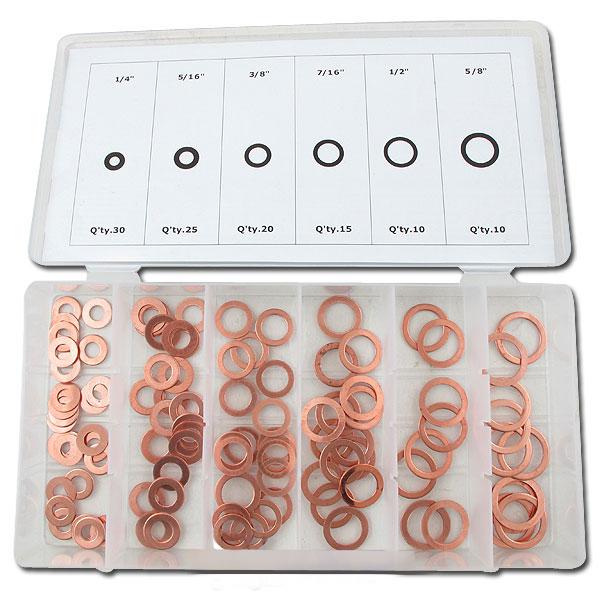 100 pc. copper washer assortment tool set w/ case 6 sizes oil line brake line hd