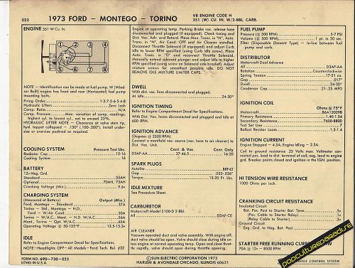 1973 ford montego/torino 351 ci / v8 code h engine car sun electronic spec sheet