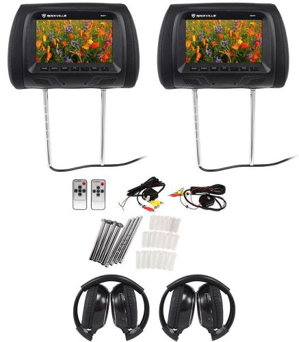 Pair rockville rhp7-bk 7” black tft-lcd car headrest monitors+2 wireless headset