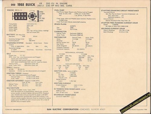1968 buick v8 350 ci / 230 hp w/2 bbl carb engine car sun electronic spec sheet