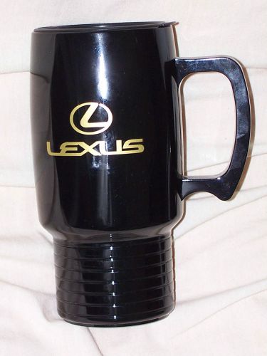 Lexus travel mug cup black w/ gold color logo 6&#034; tall plastic made in usa 12 oz.