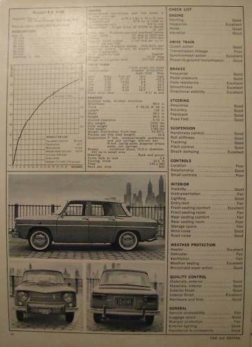 Vintage 1964 renault r8 sedantest data sheet c&amp;d 7/64