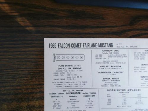 1965 ford falcon, fairlane, mustang &amp; mercury comet six 200 ci l6 tune up chart
