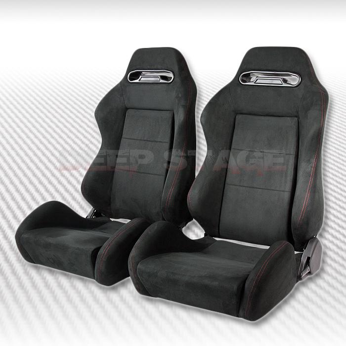 Black suede red stitch fully reclinable type-r sport racing seats pair+sliders