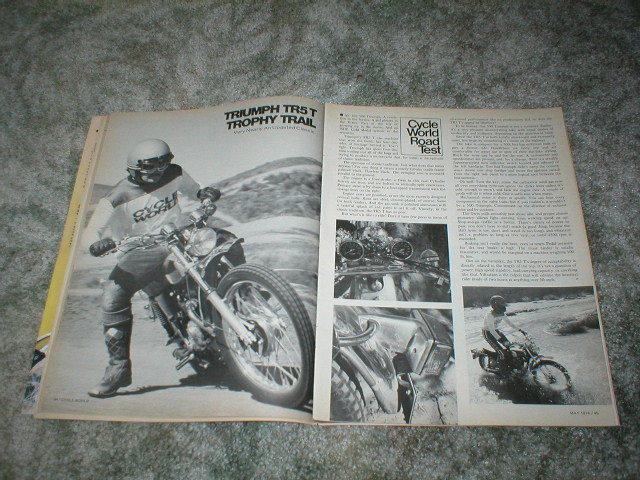 1974 triumph  tr5 t  trophy trail  500 motorcycle road test article  6 pgs specs
