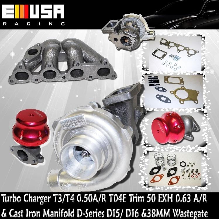 T3/t4 turbo charger exh .63a/r  cast iron  manifold honda d15/d16 &adj.wastegate